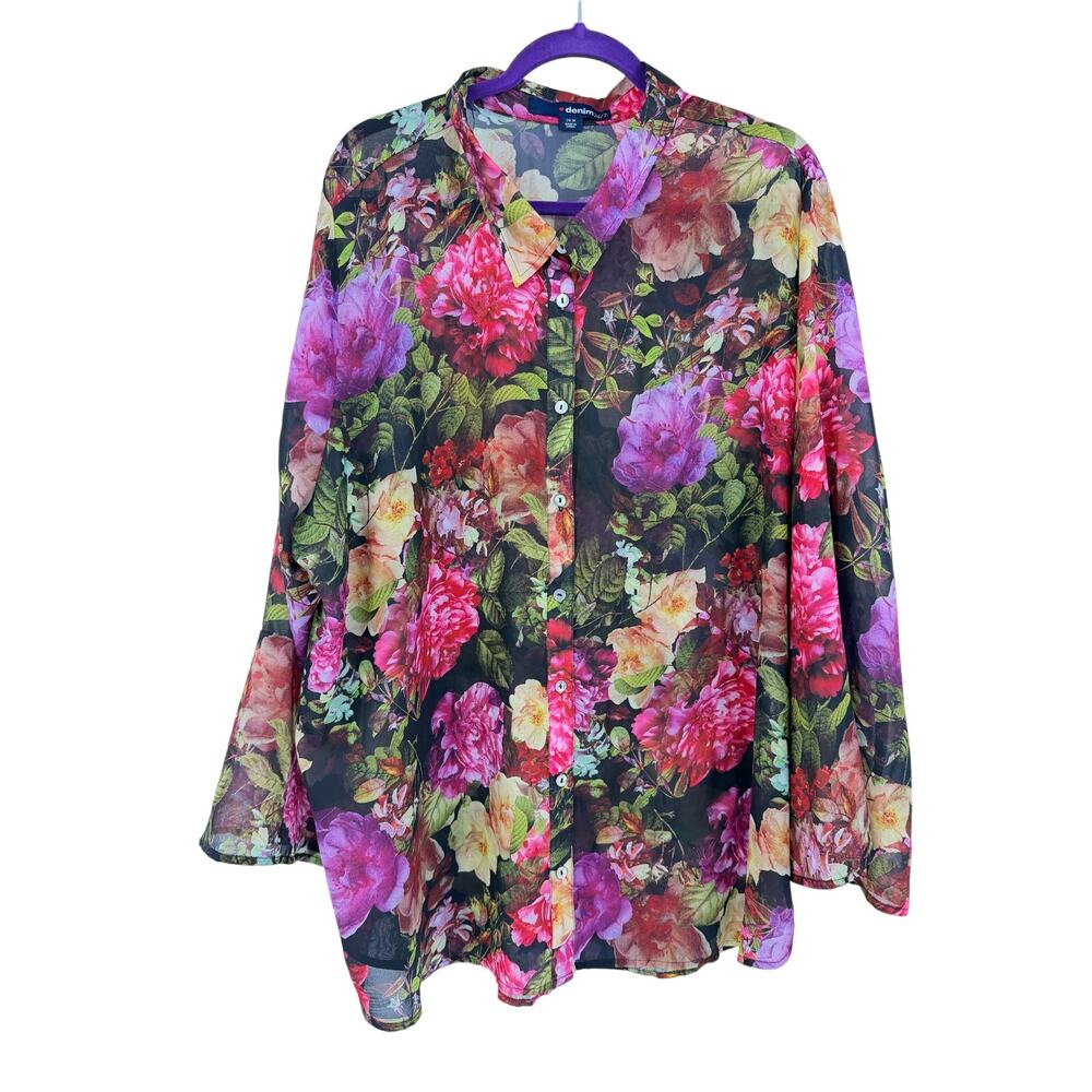 Womens 26W Chiffon Floral Button Down Top Colorful Soft Boho Garden Party